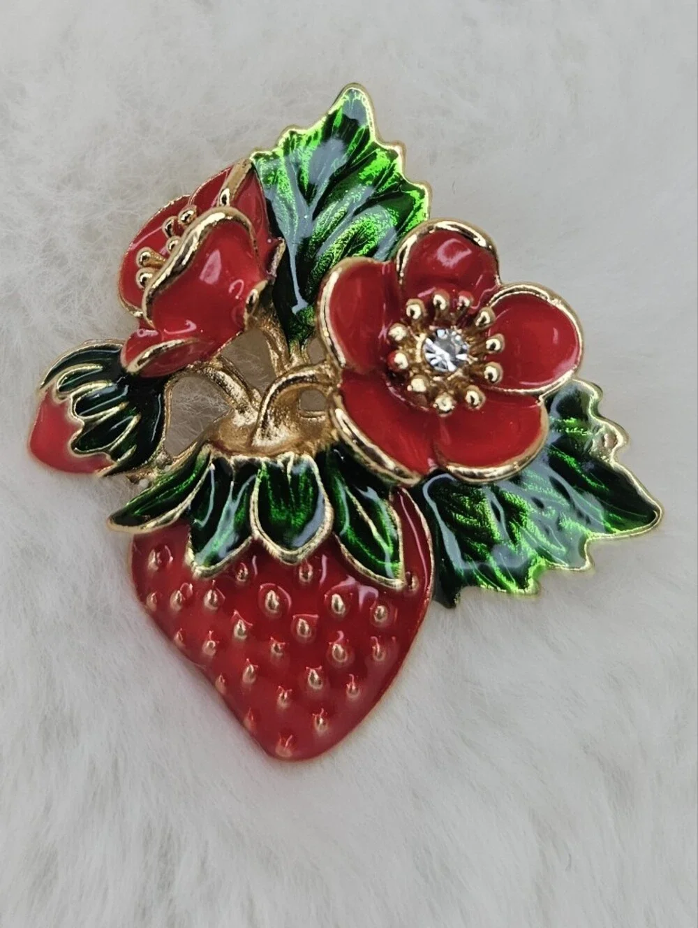 Red Strawberry Floral Enamel Brooch